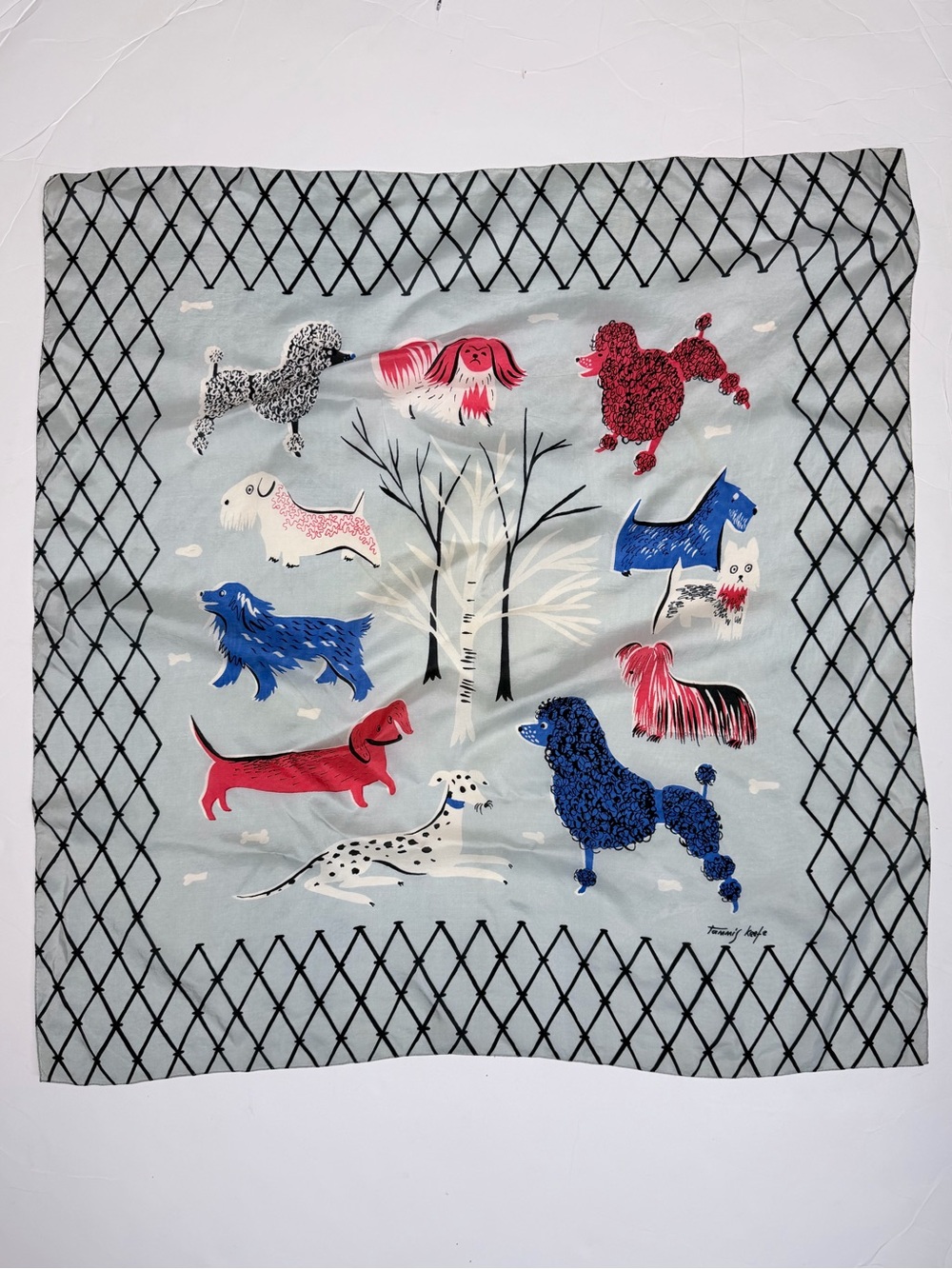 Vintage Tammis Keefe “ All Dogs” Silk Scarf With Diamond Grid Border 33.5x32 In
